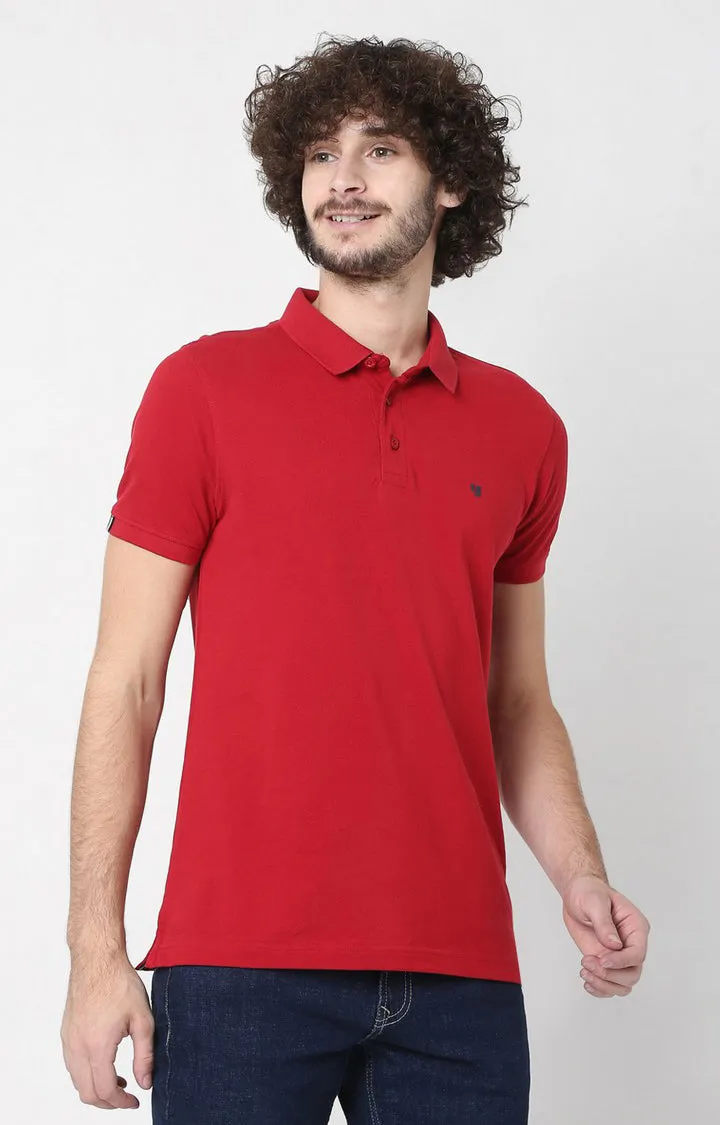 Men Premium Red Cotton Regular Fit Polo T-Shirt - Underjeans By Spykar