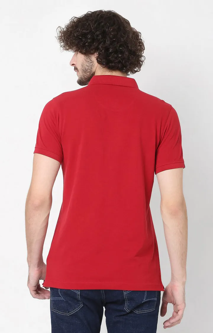 Men Premium Red Cotton Regular Fit Polo T-Shirt - Underjeans By Spykar