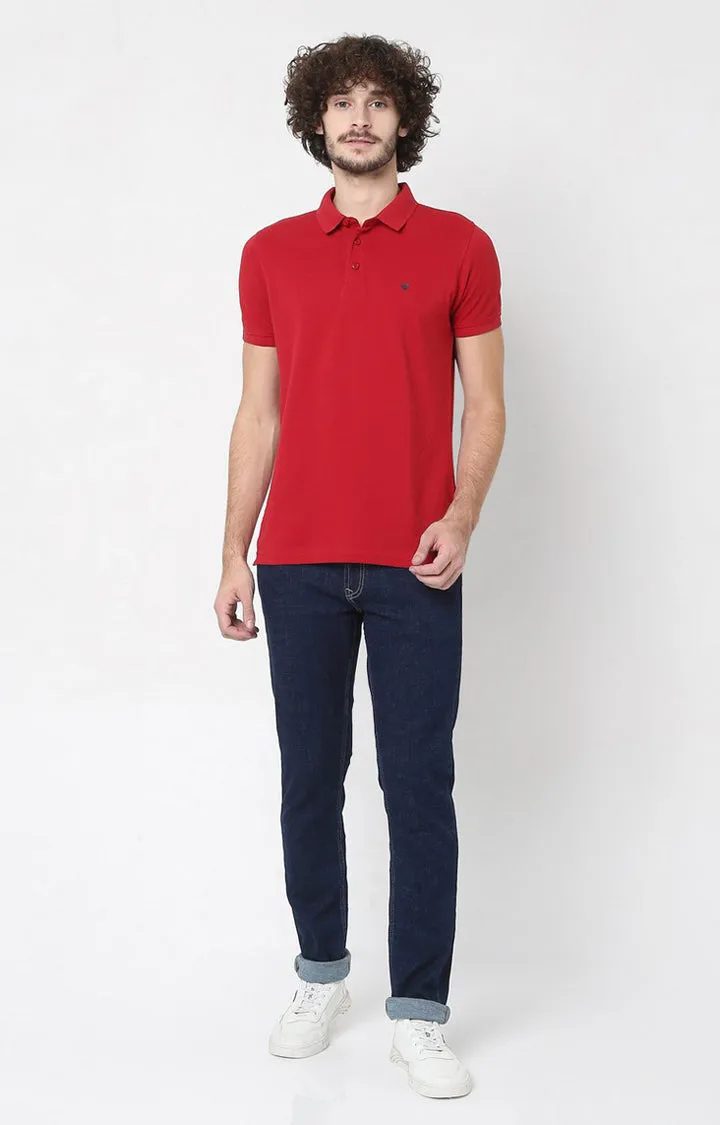 Men Premium Red Cotton Regular Fit Polo T-Shirt - Underjeans By Spykar