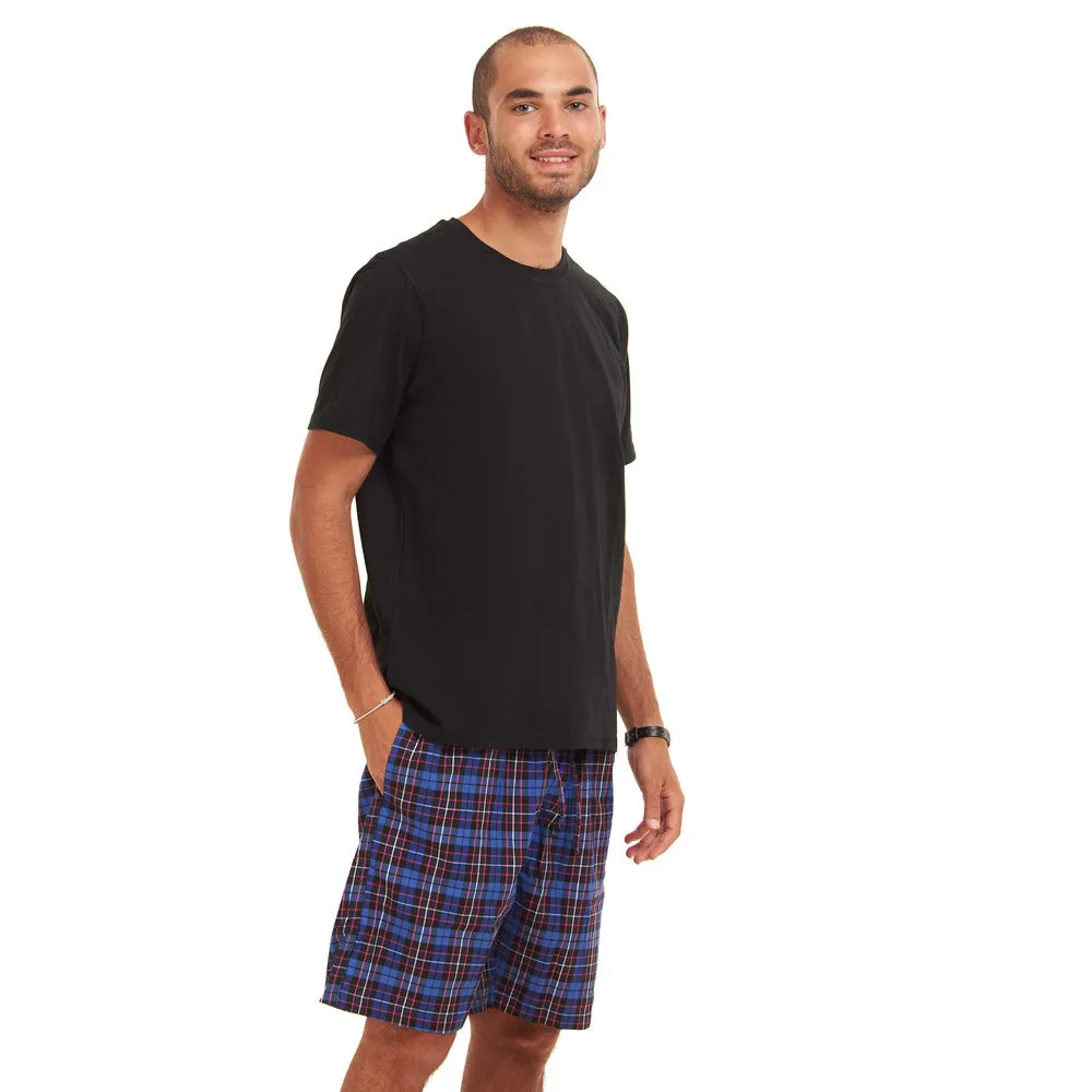 Men summer pajama set Black T-shirt   Dark Blue Checkered shorts