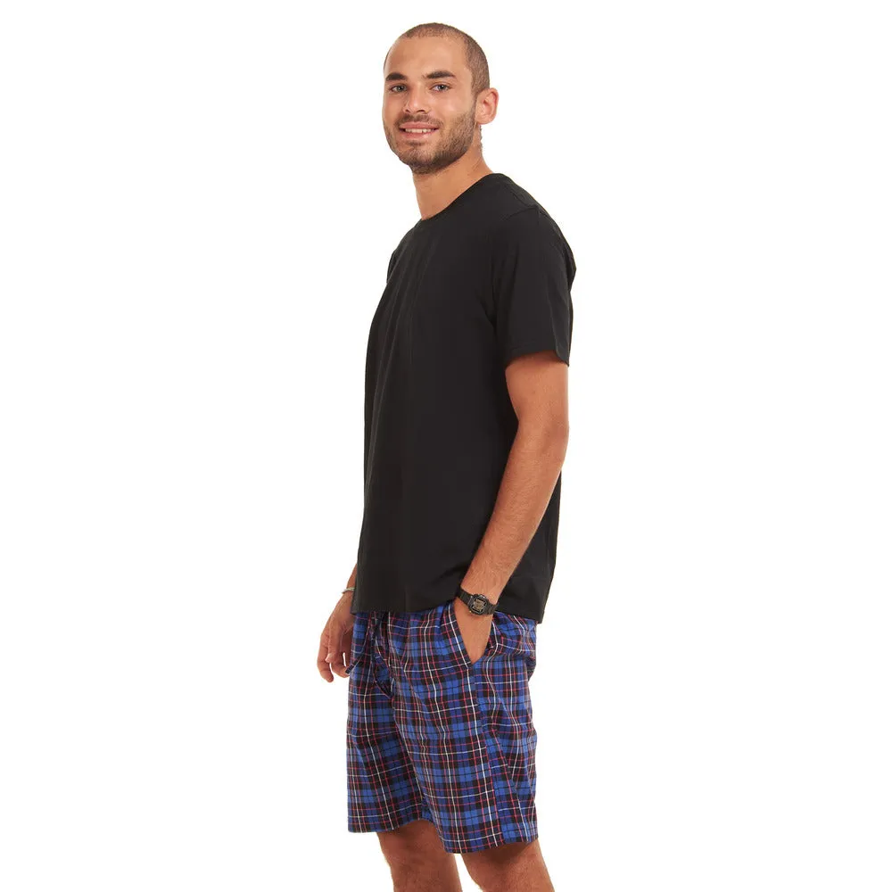 Men summer pajama set Black T-shirt   Dark Blue Checkered shorts