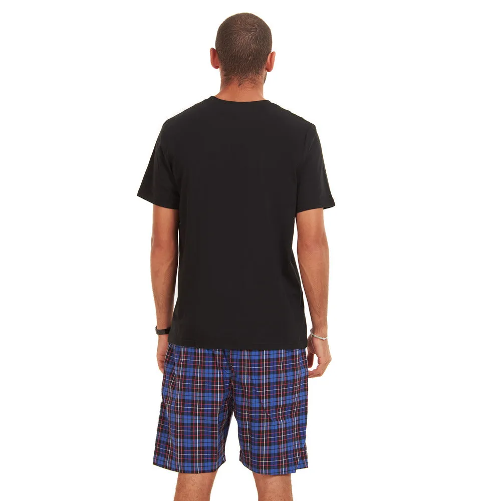 Men summer pajama set Black T-shirt   Dark Blue Checkered shorts