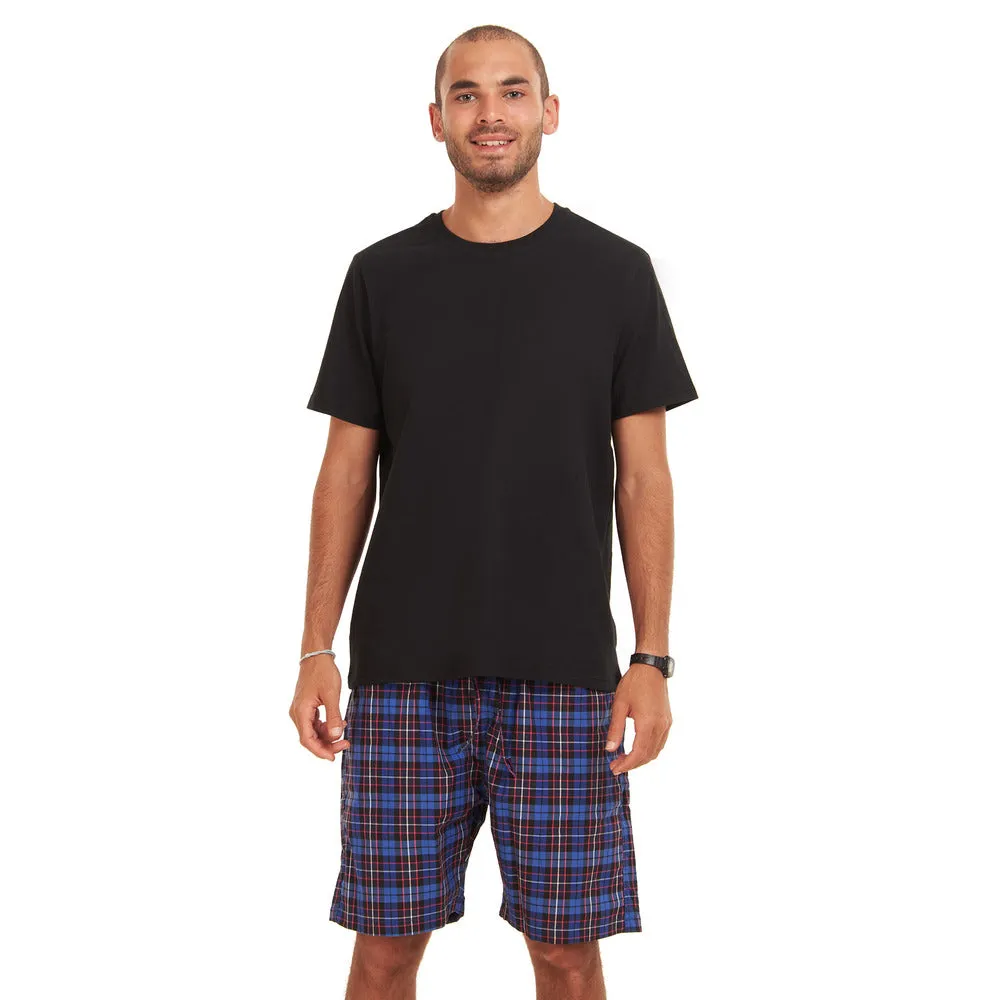 Men summer pajama set Black T-shirt   Dark Blue Checkered shorts