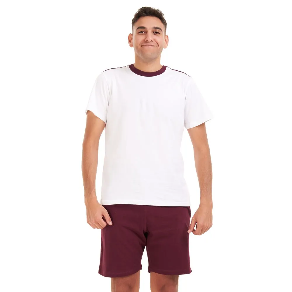 Men summer pajama set White T-shirt  Dark red shorts