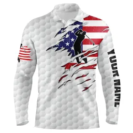 Mens Golf Long Sleeve Polo Shirt American Flag Patriot Custom Name White Golf Balls Shirts