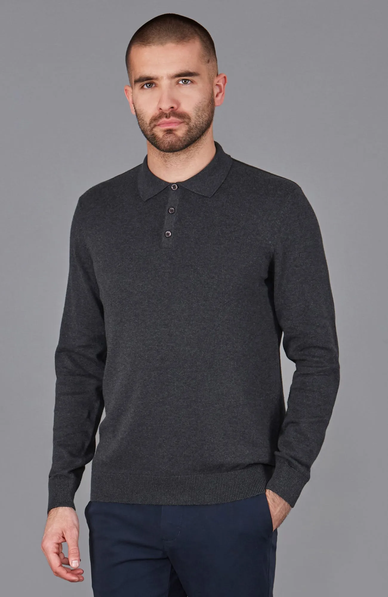 Mens Lightweight Cotton Long Sleeve Knitted Polo Shirt