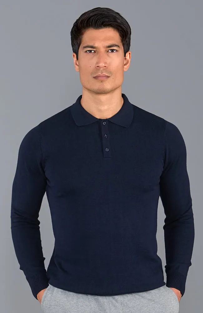 Mens Lightweight Cotton Long Sleeve Knitted Polo Shirt