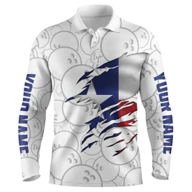 Mens Long Sleeve Polo Bowling Shirts Custom Name Texas Flag Bowling Team Bowlers Jersey, Bowling Team Shirt