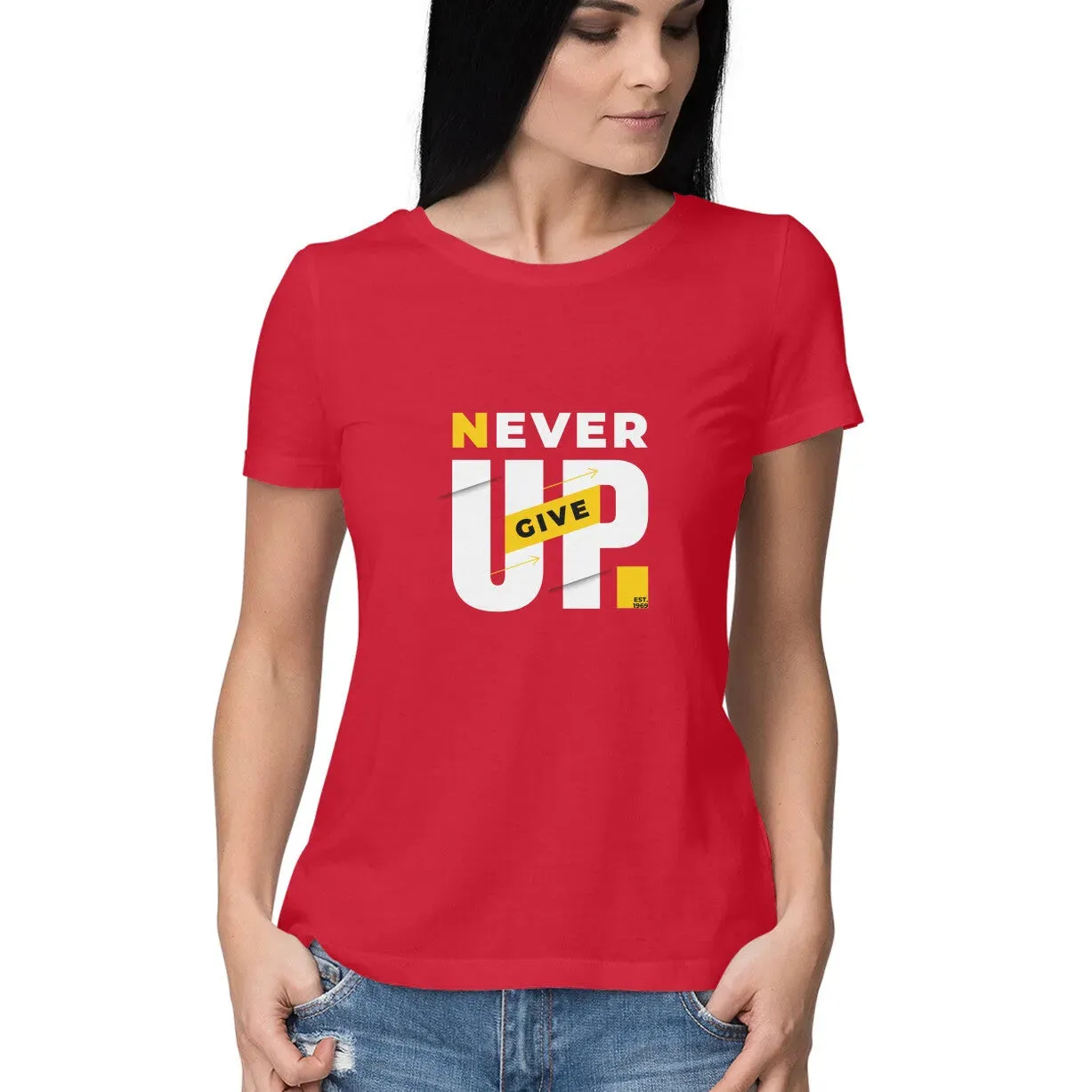 Never Give UP Typographic Half Sleeves Cotton T-shirt for Women