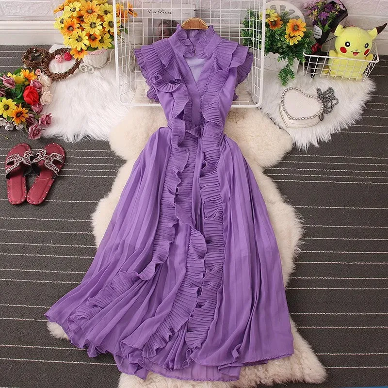 New women's pleated ruffle fashionable V-neck sweet dress     S5041