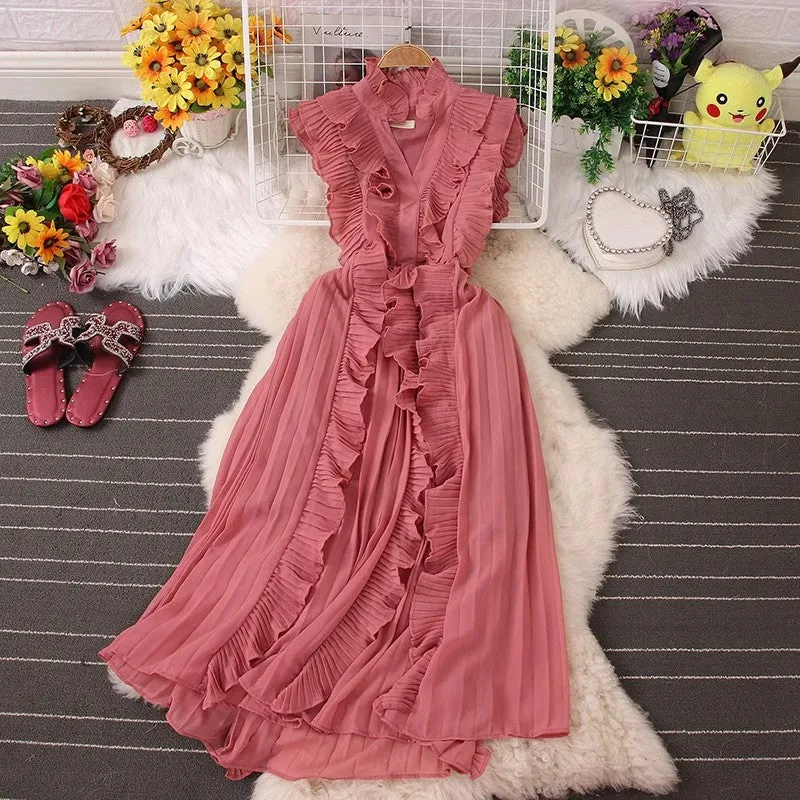 New women's pleated ruffle fashionable V-neck sweet dress     S5041