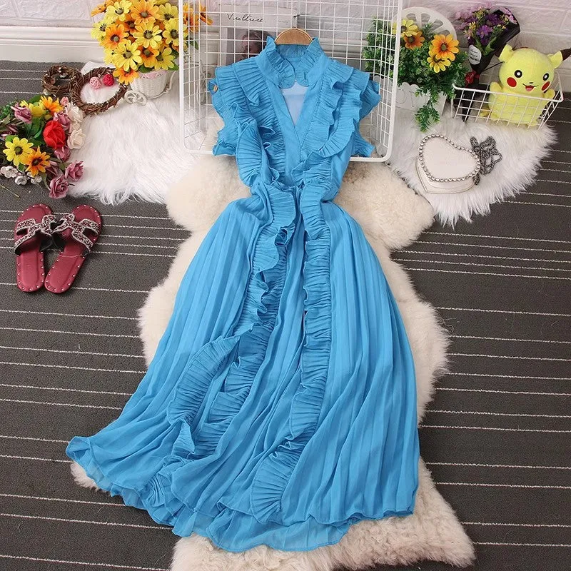 New women's pleated ruffle fashionable V-neck sweet dress     S5041