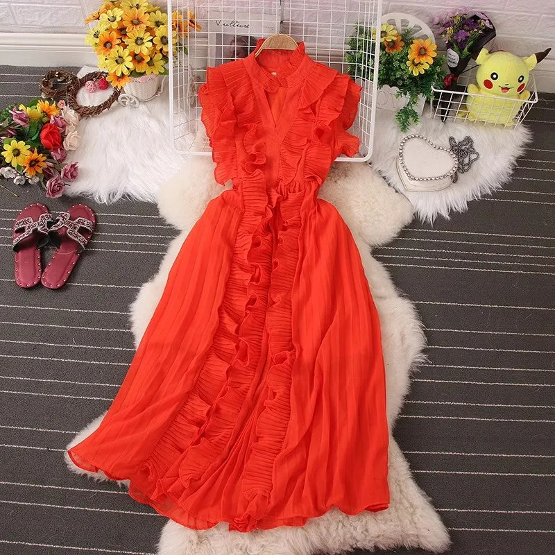 New women's pleated ruffle fashionable V-neck sweet dress     S5041