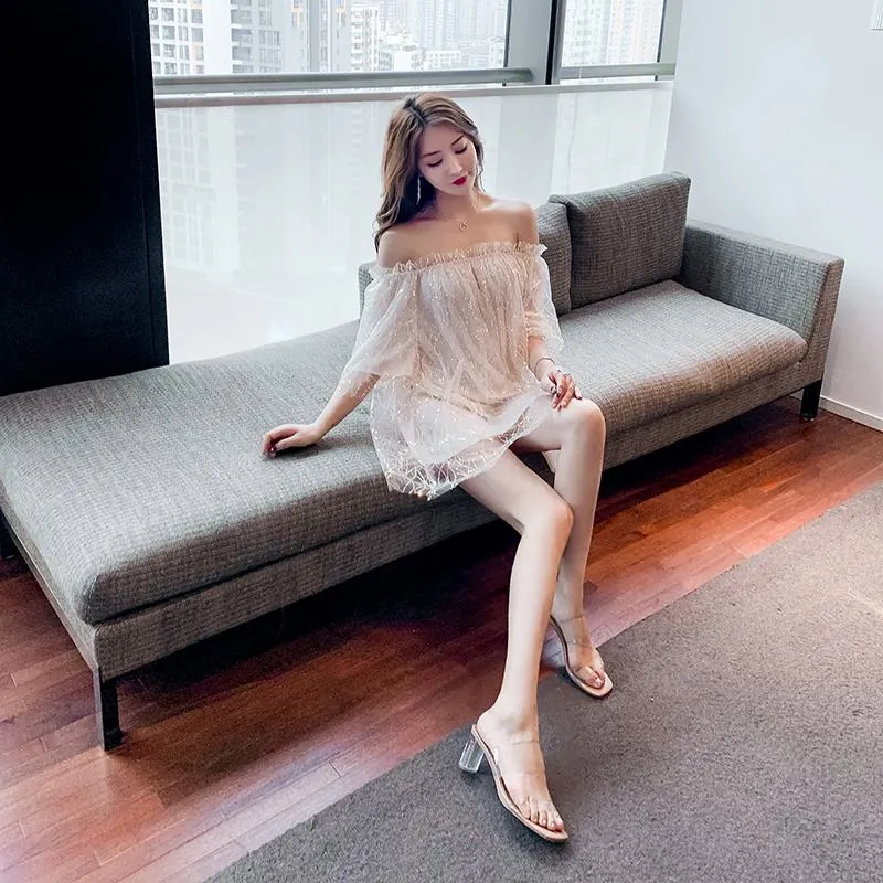 Off-Shoulder Ruffle Hem Solid Sequined Backless Dress