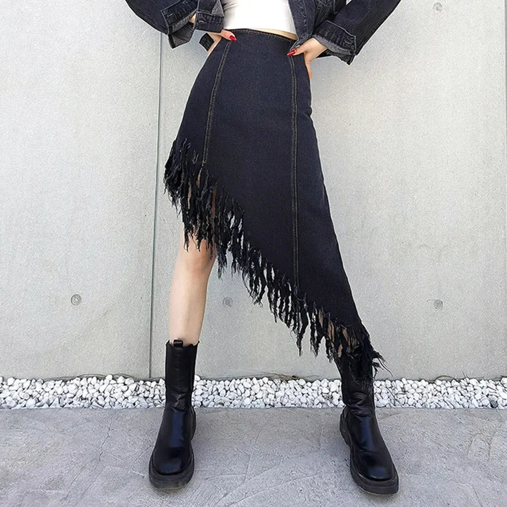 Patchwork Asymmetrical Tassel Skirt For Women High Waist Irregular Hem Black Skirts Female Fashion Clothes