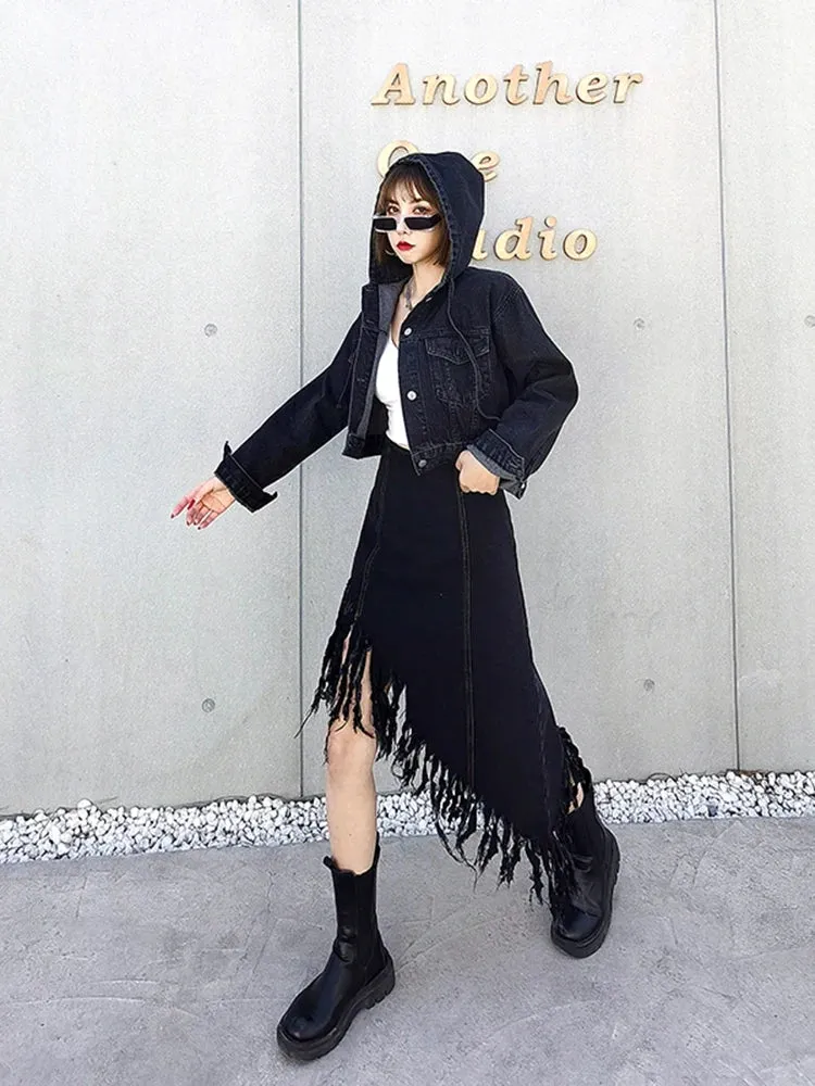 Patchwork Asymmetrical Tassel Skirt For Women High Waist Irregular Hem Black Skirts Female Fashion Clothes