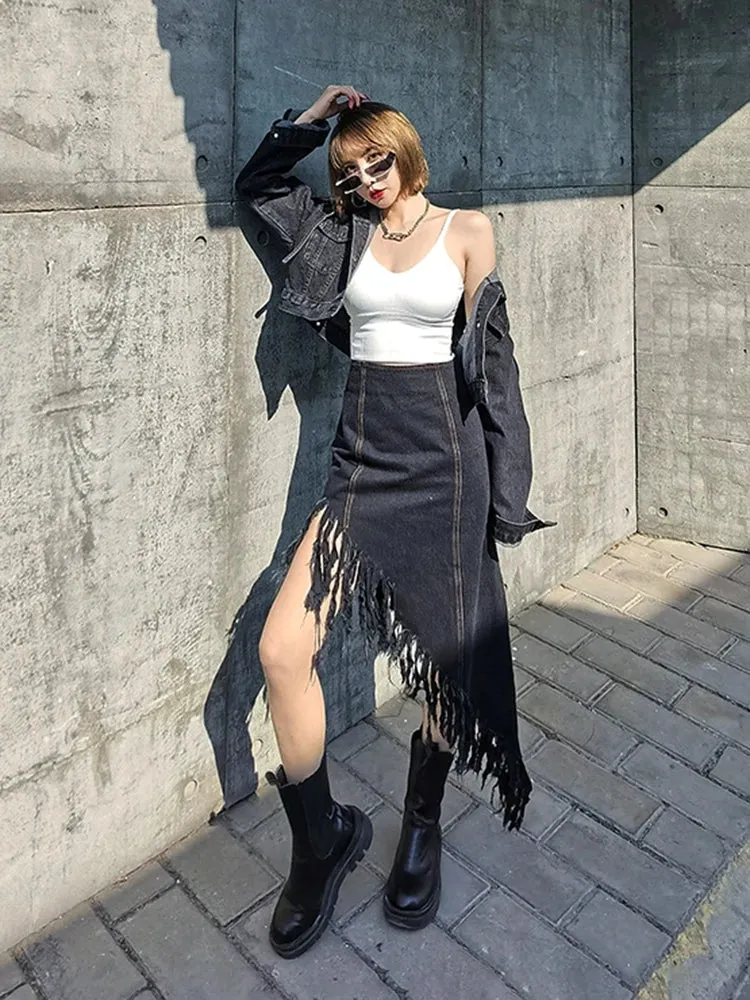 Patchwork Asymmetrical Tassel Skirt For Women High Waist Irregular Hem Black Skirts Female Fashion Clothes