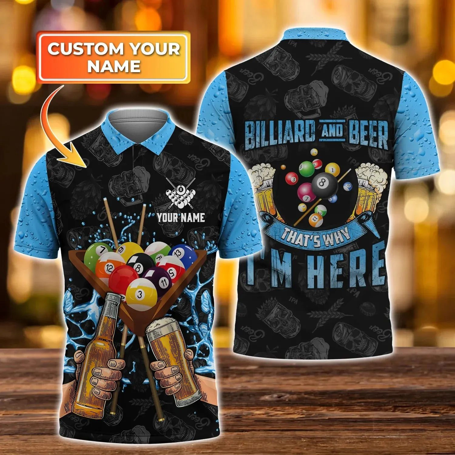 Personalized Name Blue Billiard and Beer Polo Shirt, 3D Over Print Billiard Shirts For Men, Team