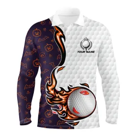 Pumpkin Bats Halloween Pattern Flame Golf Ball Men Golf Polo Shirts Custom Halloween Golf Shirts