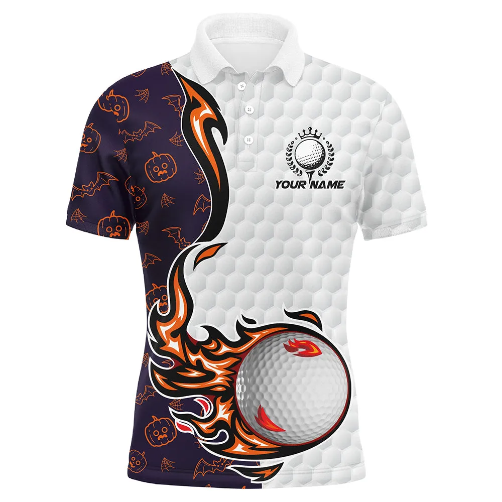 Pumpkin Bats Halloween Pattern Flame Golf Ball Men Golf Polo Shirts Custom Halloween Golf Shirts