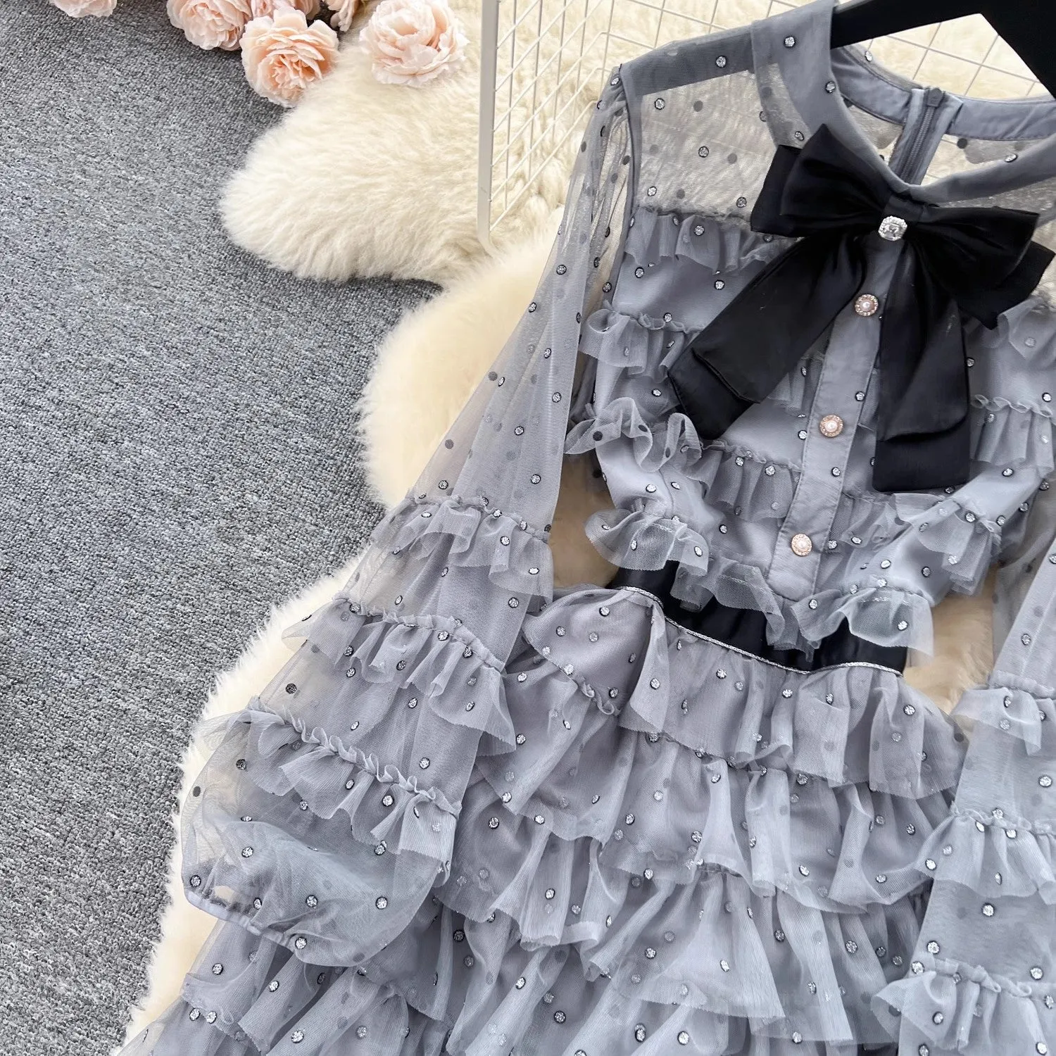 round neck bow diamond mesh dress for women sweet princess cake long dress    S4638