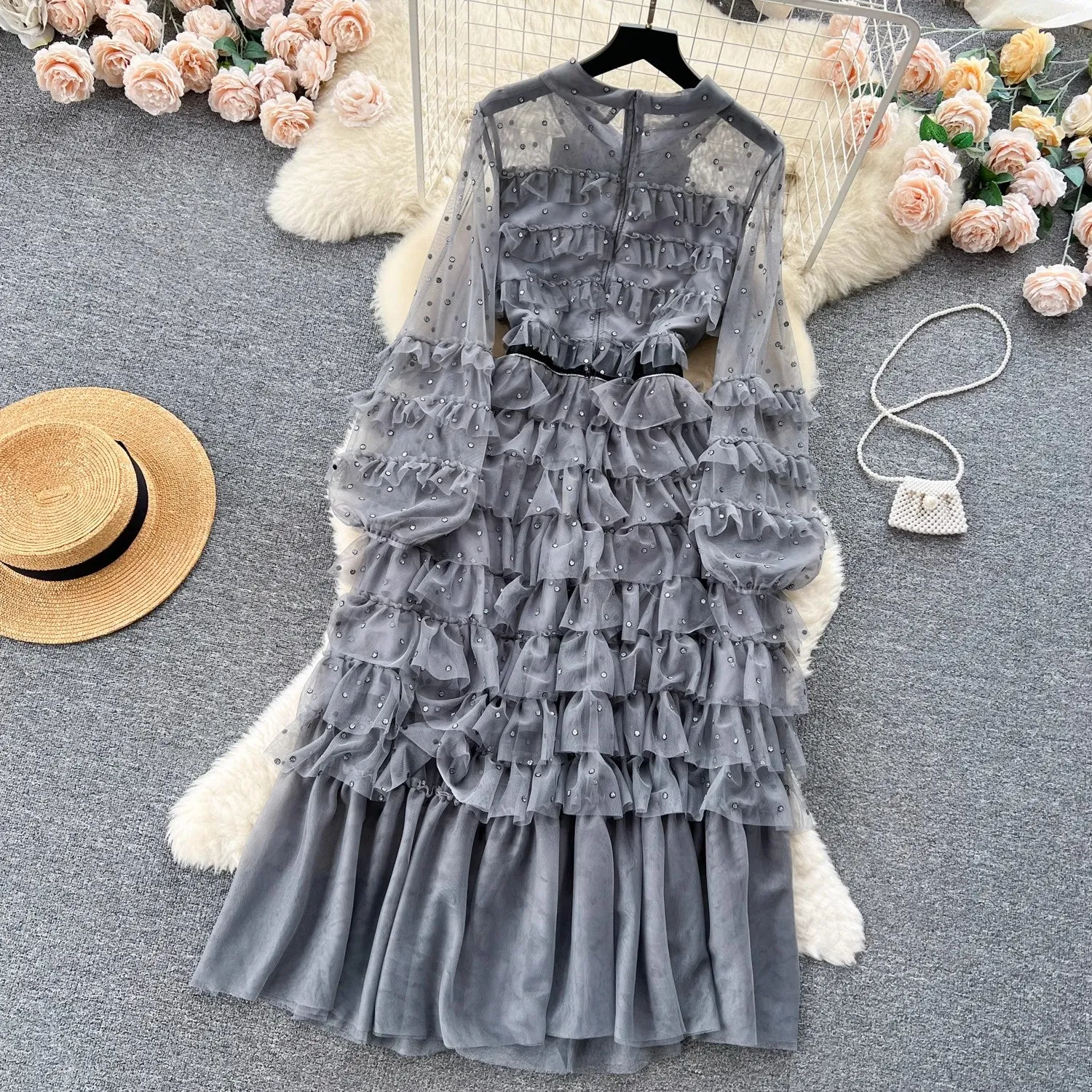 round neck bow diamond mesh dress for women sweet princess cake long dress    S4638