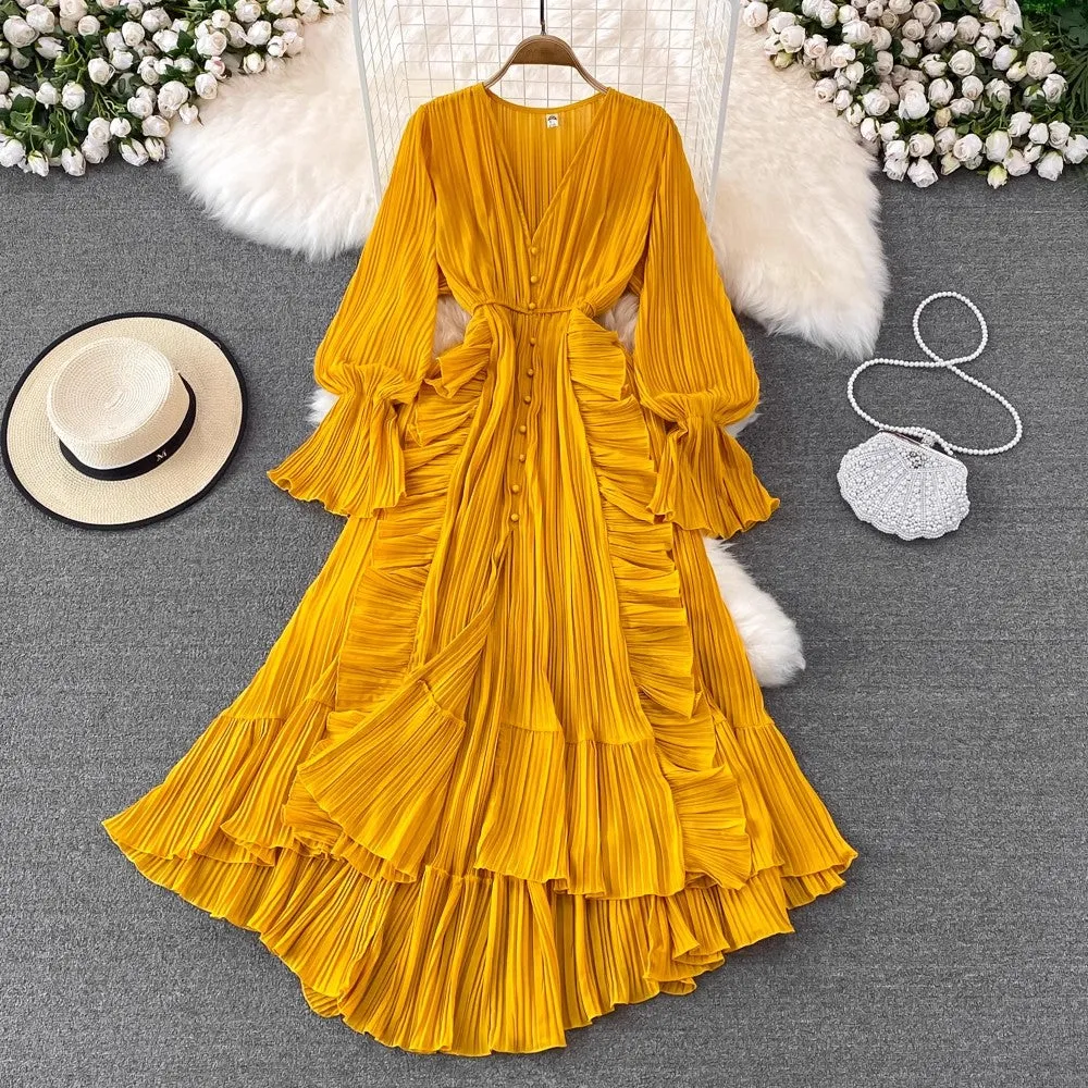 ruffled V-neck dress long skirt      S4102