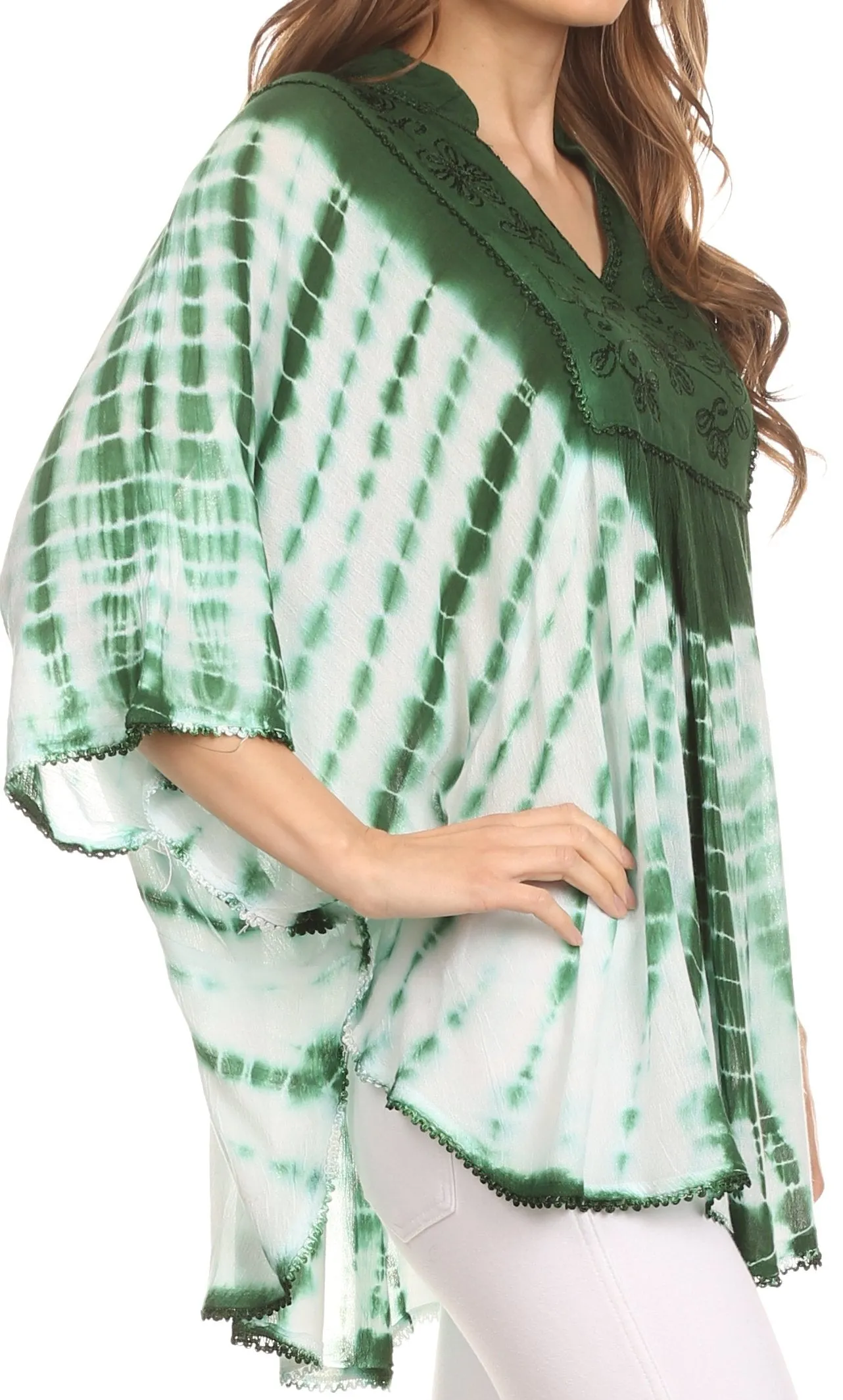 Sakkas Aneko Tie Dye Circle Poncho Blouse Top With Floral Emrbroidery And V Neck