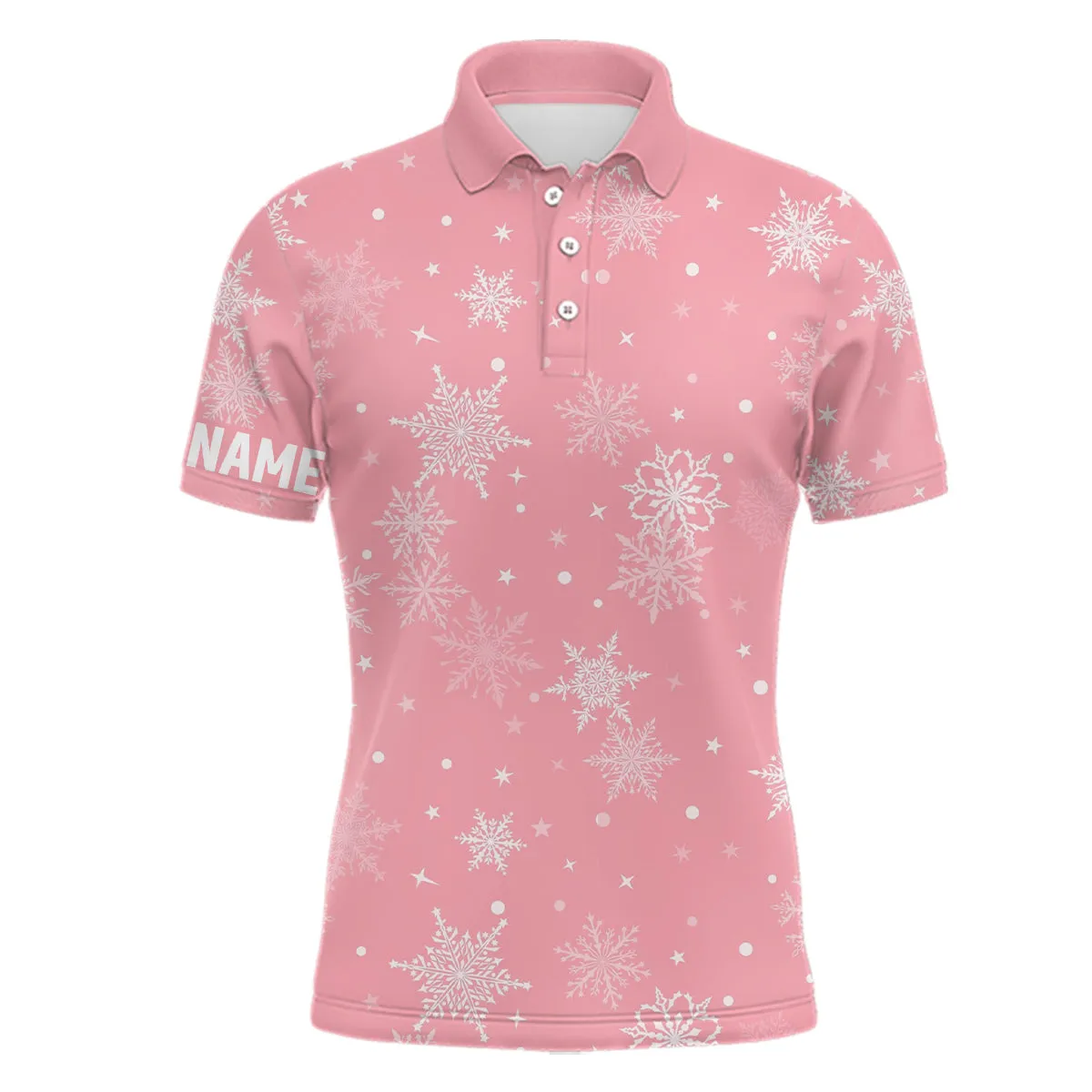 Snowflakes Christmas Golf Mens Polo Shirt Custom Name Pink Golf Shirts For Men Cute Golf Gifts