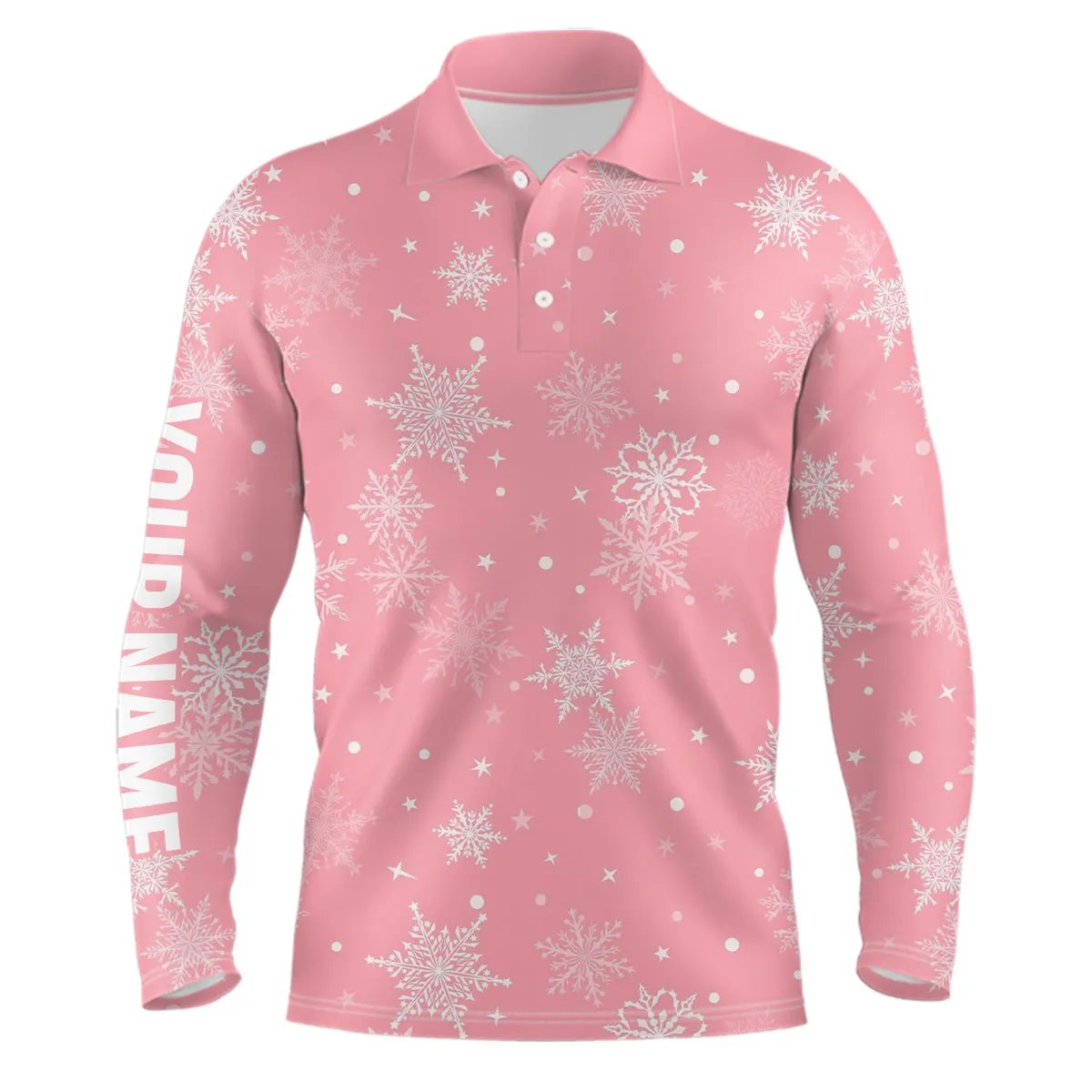 Snowflakes Christmas Golf Mens Polo Shirt Custom Name Pink Golf Shirts For Men Cute Golf Gifts