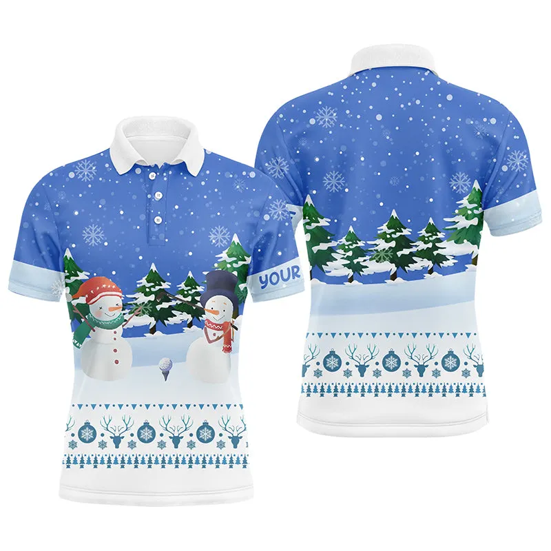 Snowman Blue Christmas Mens Golf Polo Shirt Custom Golf Shirts For Men Winter Holiday Golf Gifts