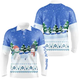 Snowman Blue Christmas Mens Golf Polo Shirt Custom Golf Shirts For Men Winter Holiday Golf Gifts