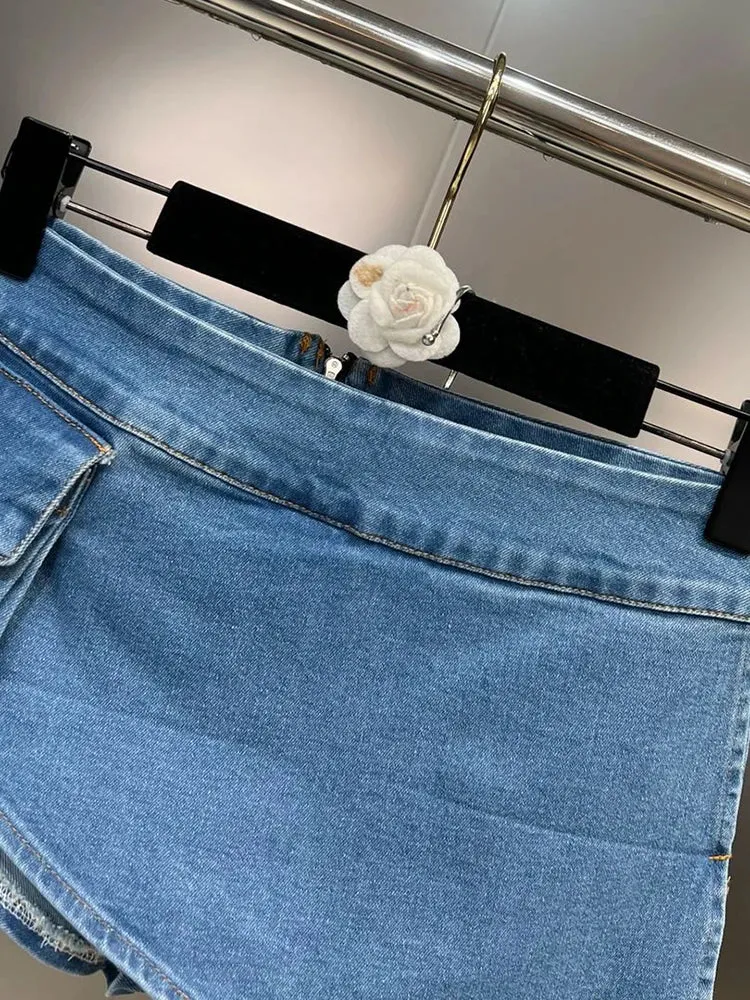 Soild Denim Shorts For Women High Waist Patchwork Pocket Summer Asymmetrical Shorts Skirts Female Fashion