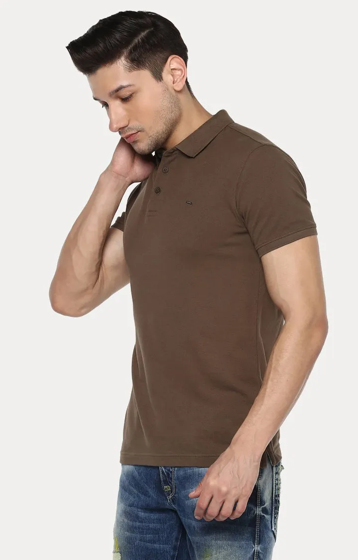 Spykar Brown Solid Slim Fit Polo T-Shirt