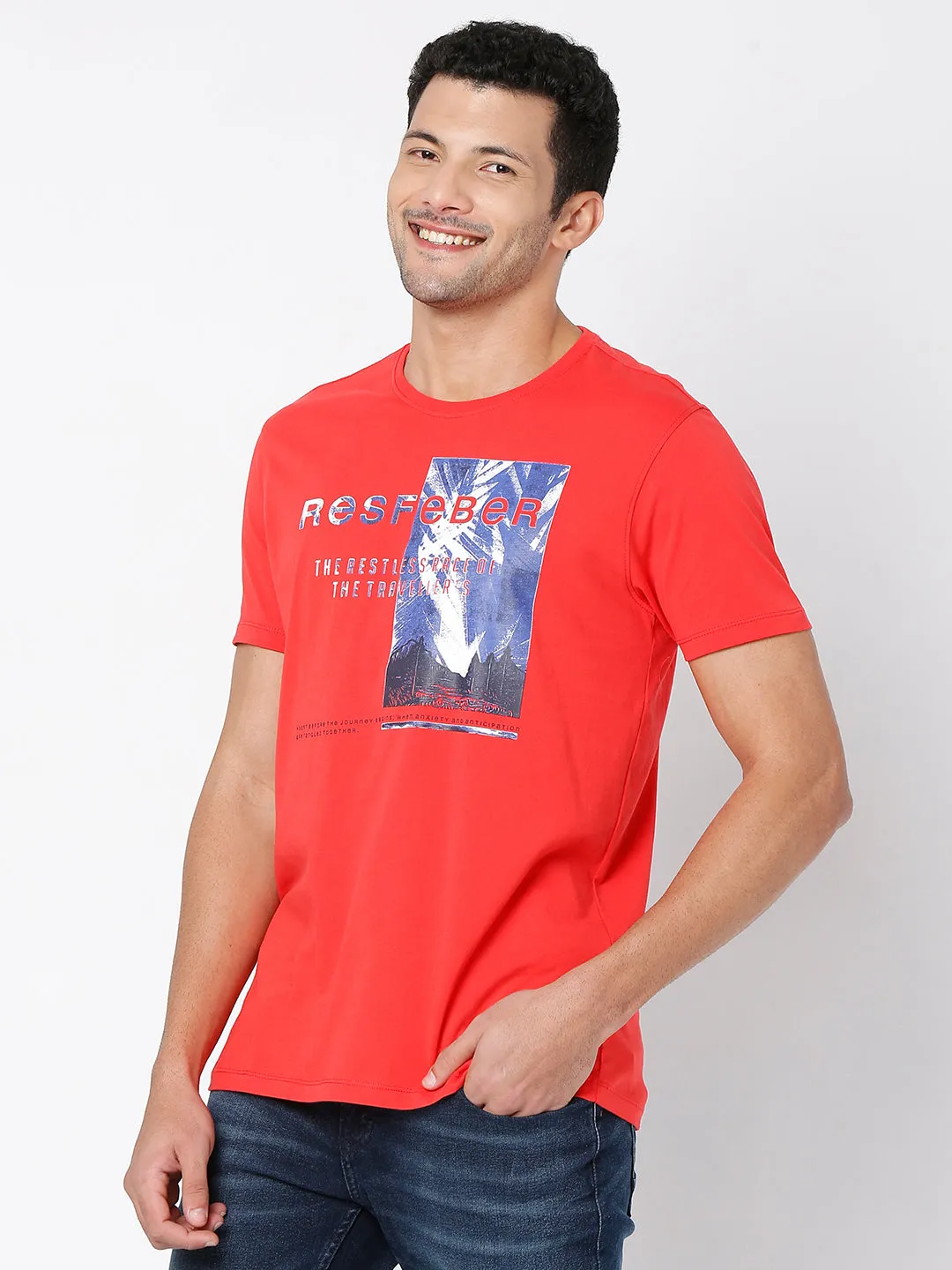 Spykar Coral Cotton Half Sleeve Printed Casual T-Shirt For Men