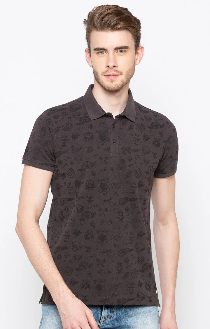 Spykar Dark Grey Printed Slim Fit Polo T-Shirt