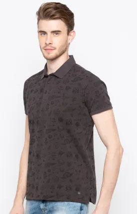 Spykar Dark Grey Printed Slim Fit Polo T-Shirt