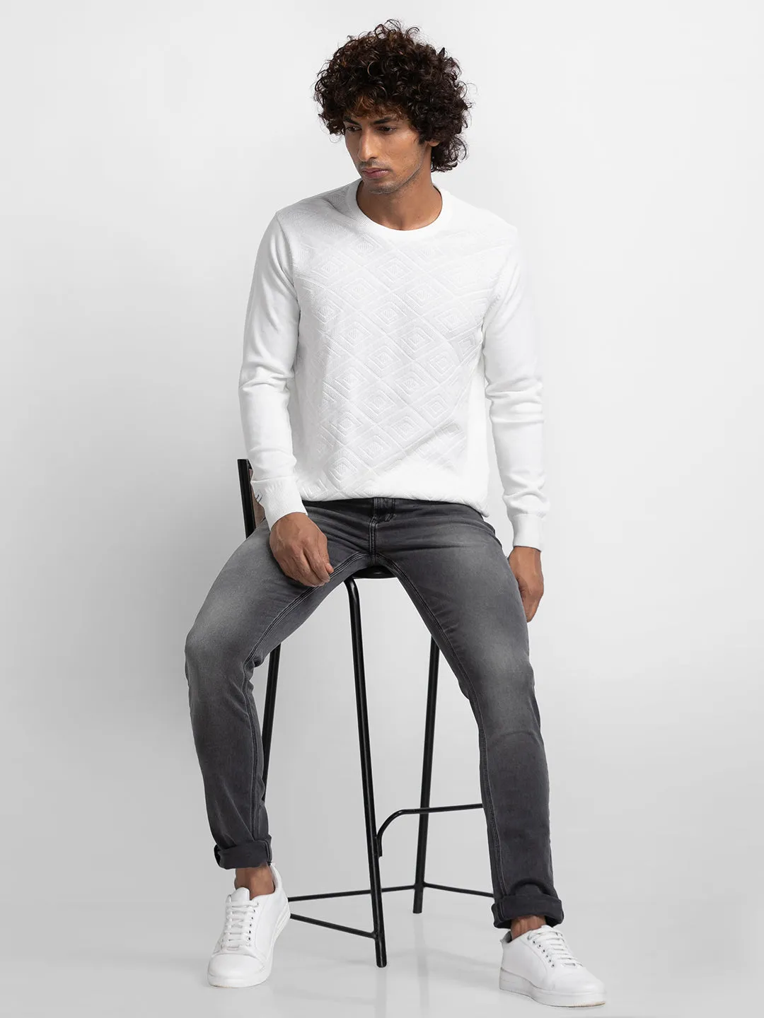 Spykar Ecru Cotton Full Sleeve Casual Sweater For Men