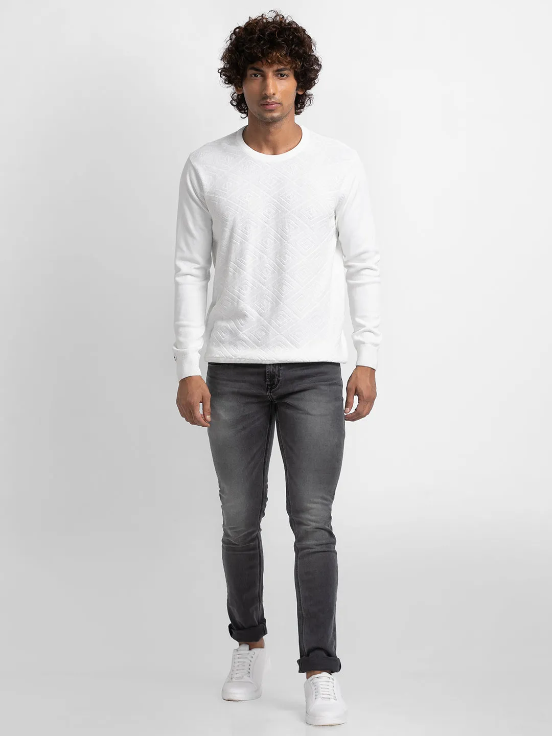 Spykar Ecru Cotton Full Sleeve Casual Sweater For Men