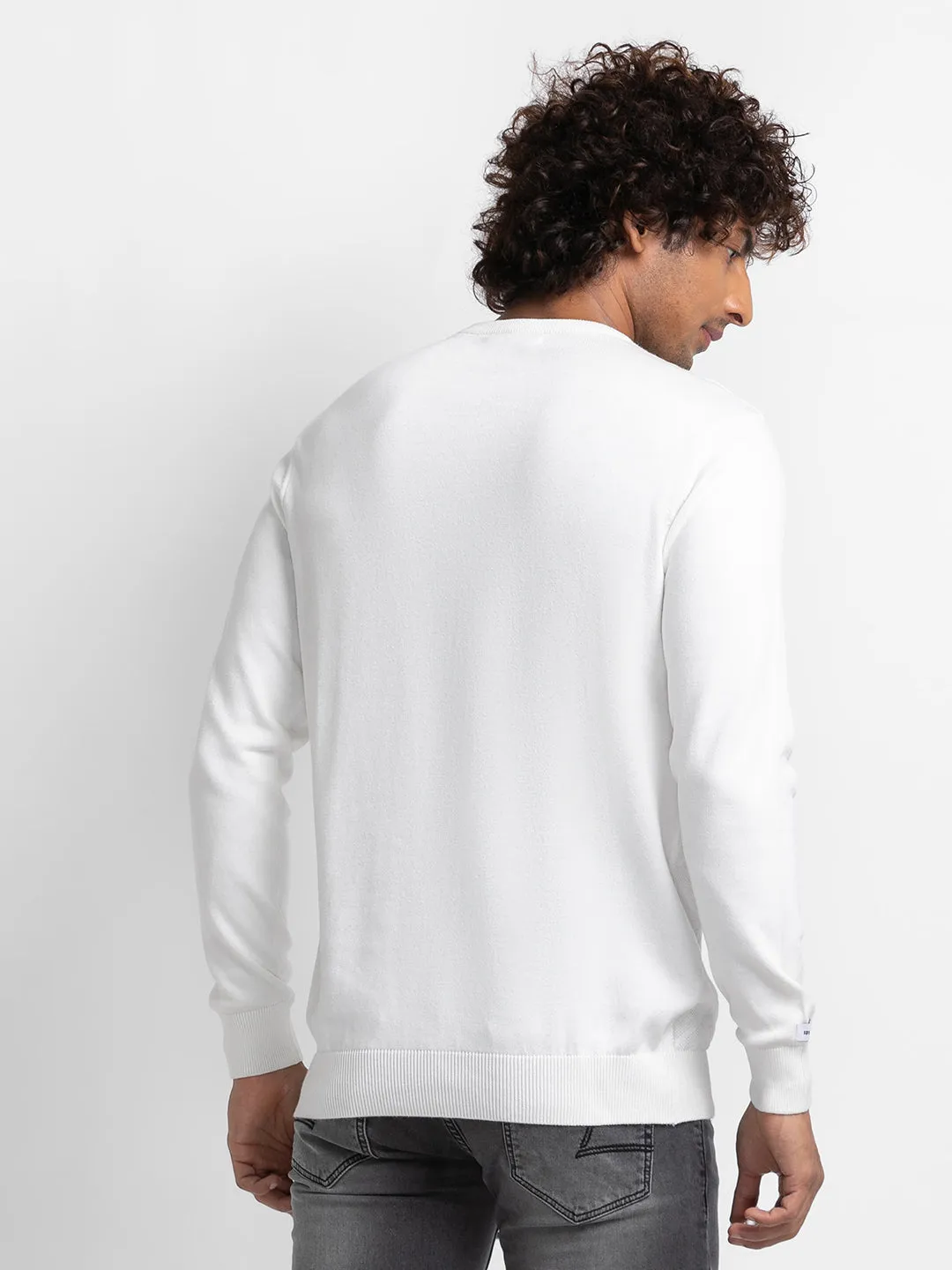 Spykar Ecru Cotton Full Sleeve Casual Sweater For Men