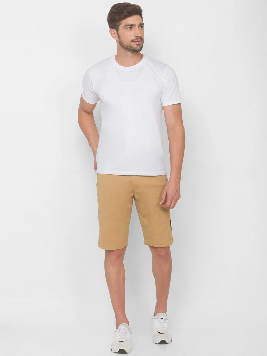 Spykar Men Beige Solid Relaxed Mid-Rise Shorts (Relaxed)