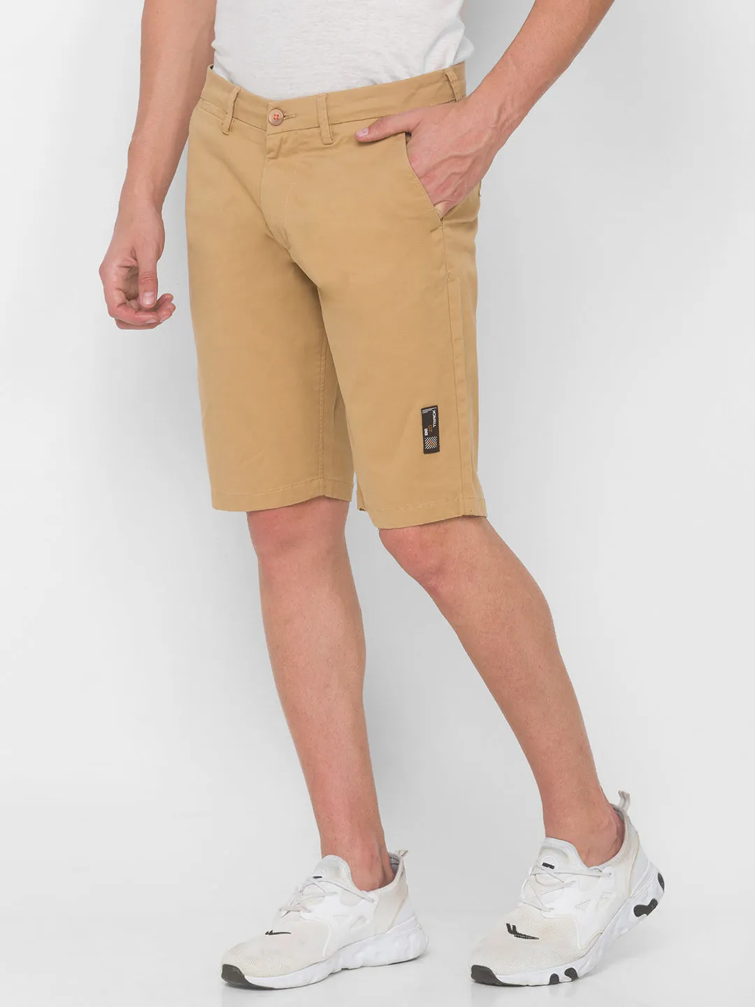 Spykar Men Beige Solid Relaxed Mid-Rise Shorts (Relaxed)