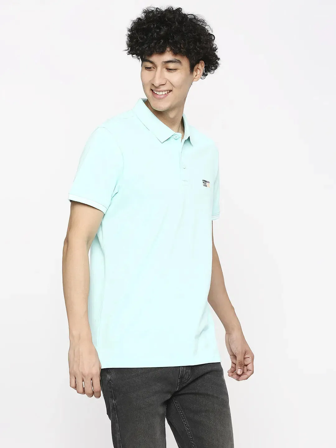 Spykar Men Bleached Aqua Cotton Slim Fit Polo Neck Plain T-Shirt