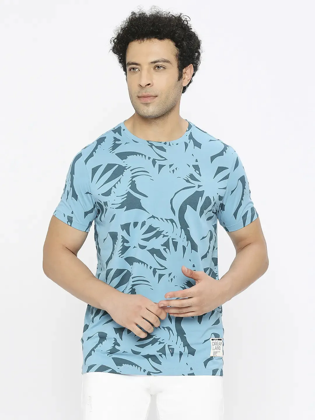 Spykar Men Haze Blue Blended Regular Fit Half Sleeve Floral Print Round Neck Tshirt