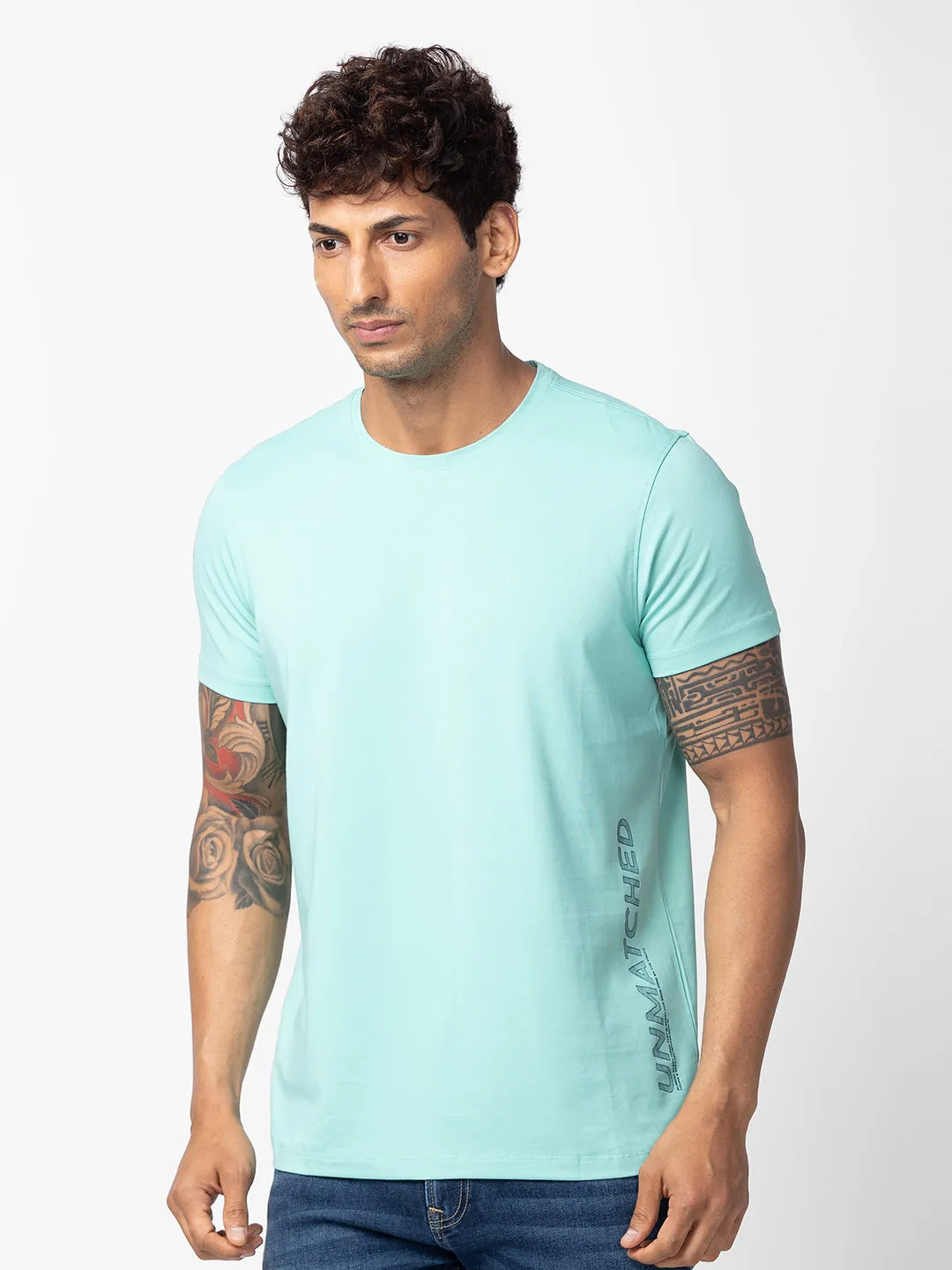 Spykar Men Ice Green Cotton Regular Fit Half Sleeve Printed T-Shirt