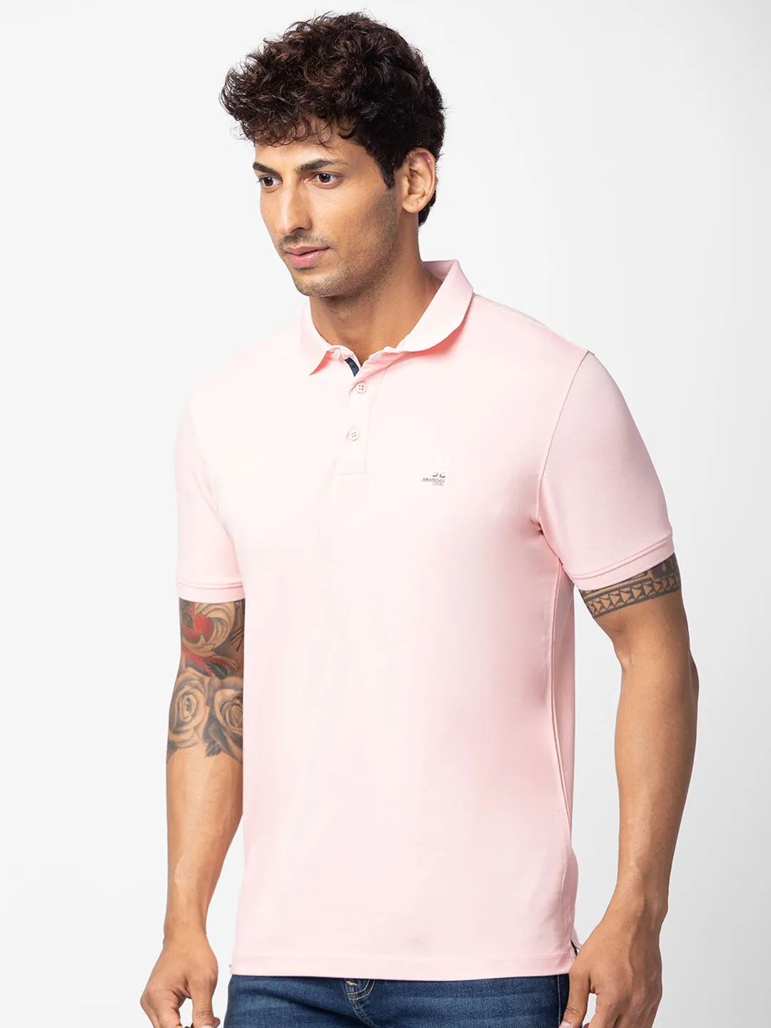 Spykar Men Light Peach Cotton Regular Fit Half Sleeve Plain Polo T-Shirt