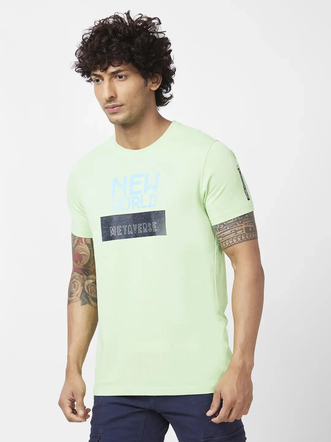 Spykar Men Mint Green Blended Slim Fit Half Sleeve Round Neck Printed Tshirt