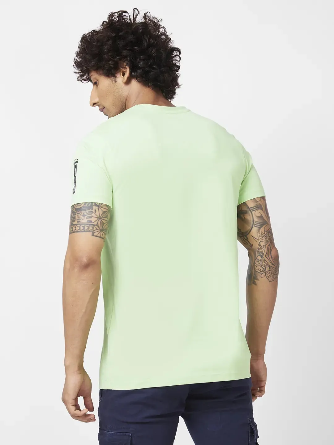 Spykar Men Mint Green Blended Slim Fit Half Sleeve Round Neck Printed Tshirt