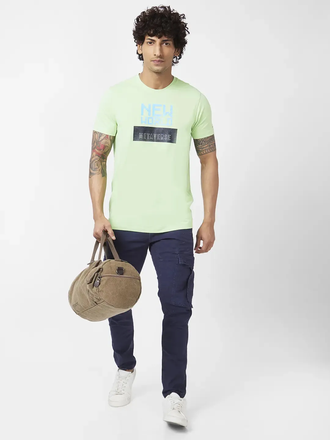 Spykar Men Mint Green Blended Slim Fit Half Sleeve Round Neck Printed Tshirt