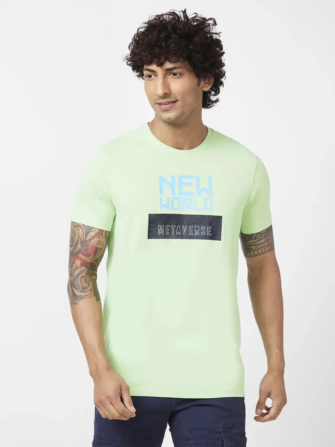 Spykar Men Mint Green Blended Slim Fit Half Sleeve Round Neck Printed Tshirt